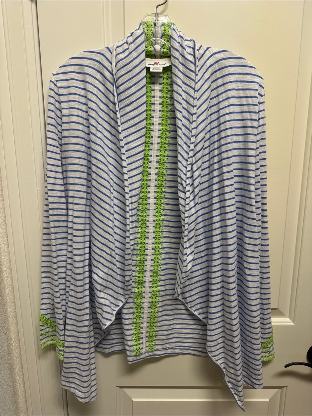Vineyard Vines White & Blue Striped Shrug with Lime Green Embroidery